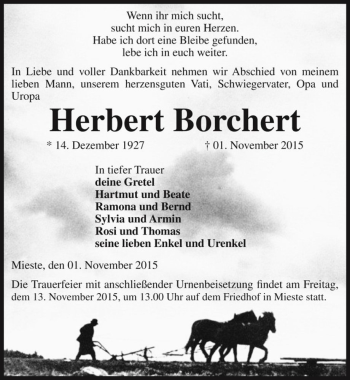 Traueranzeige von Herbert Borchert  von Magdeburger Volksstimme