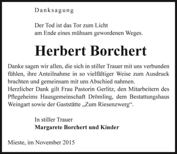 Traueranzeige von Herbert Borchert  von Magdeburger Volksstimme