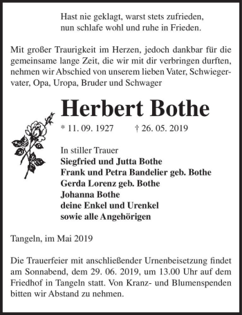 Traueranzeige von Herbert Bothe  von Magdeburger Volksstimme