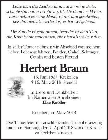 Traueranzeige von Herbert Braun  von Magdeburger Volksstimme