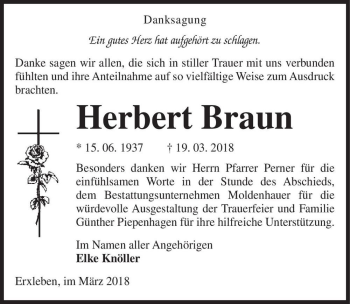Traueranzeige von Herbert Braun  von Magdeburger Volksstimme