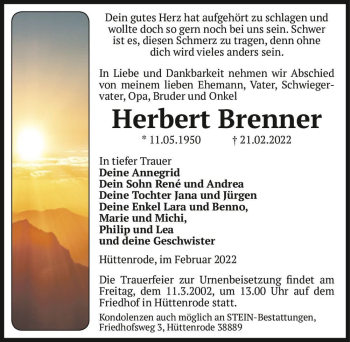 Traueranzeige von Herbert Brenner  von Magdeburger Volksstimme