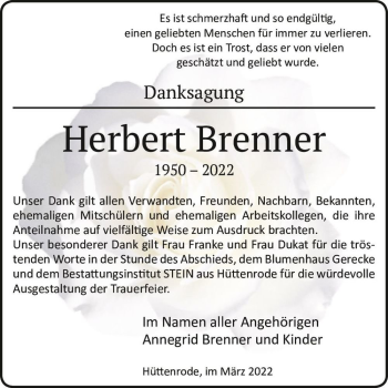 Traueranzeige von Herbert Brenner  von Magdeburger Volksstimme