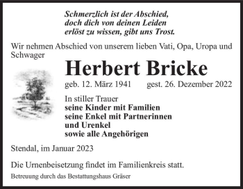 Traueranzeige von Herbert Bricke  von Magdeburger Volksstimme