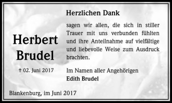 Traueranzeige von Herbert Brudel  von Magdeburger Volksstimme
