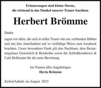 Traueranzeige von Herbert Brömme  von Magdeburger Volksstimme