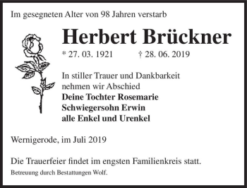 Traueranzeige von Herbert Brückner  von Magdeburger Volksstimme
