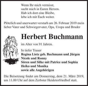 Traueranzeige von Herbert Buchmann  von Magdeburger Volksstimme