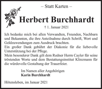 Traueranzeige von Herbert Burchhardt  von Magdeburger Volksstimme