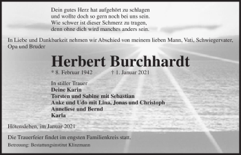 Traueranzeige von Herbert Burchhardt  von Magdeburger Volksstimme