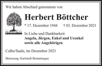 Traueranzeige von Herbert Böttcher  von Magdeburger Volksstimme