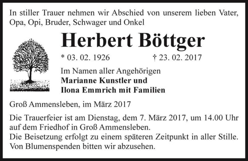  Traueranzeige für Herbert Böttger  vom 01.03.2017 aus Magdeburger Volksstimme