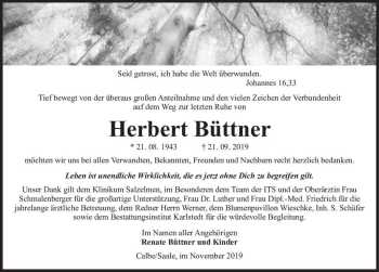 Traueranzeige von Herbert Büttner  von Magdeburger Volksstimme