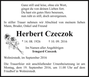 Traueranzeige von Herbert Czeczok  von Magdeburger Volksstimme