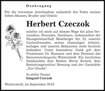 Traueranzeige von Herbert Czeczok  von Magdeburger Volksstimme