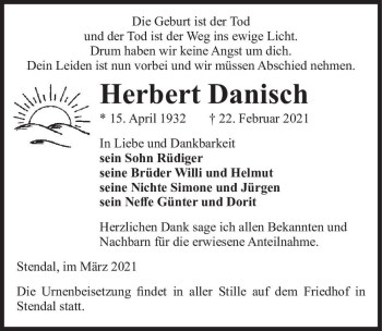 Traueranzeige von Herbert Danisch  von Magdeburger Volksstimme