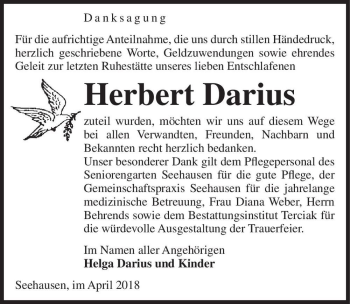 Traueranzeige von Herbert Darius  von Magdeburger Volksstimme