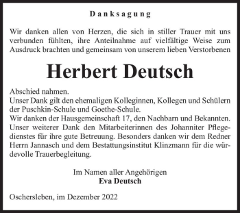 Traueranzeige von Herbert Deutsch  von Magdeburger Volksstimme