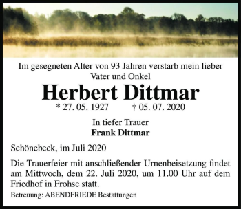 Traueranzeige von Herbert Dittmar  von Magdeburger Volksstimme