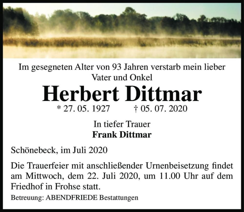  Traueranzeige für Herbert Dittmar  vom 11.07.2020 aus Magdeburger Volksstimme