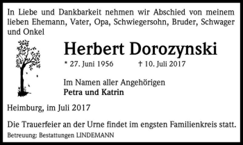 Traueranzeige von Herbert Dorozynski  von Magdeburger Volksstimme