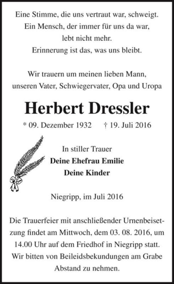 Traueranzeige von Herbert Dressler  von Magdeburger Volksstimme