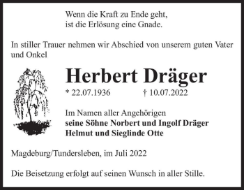 Traueranzeige von Herbert Dräger  von Magdeburger Volksstimme