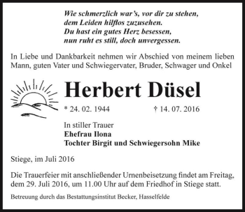 Traueranzeige von Herbert Düsel  von Magdeburger Volksstimme