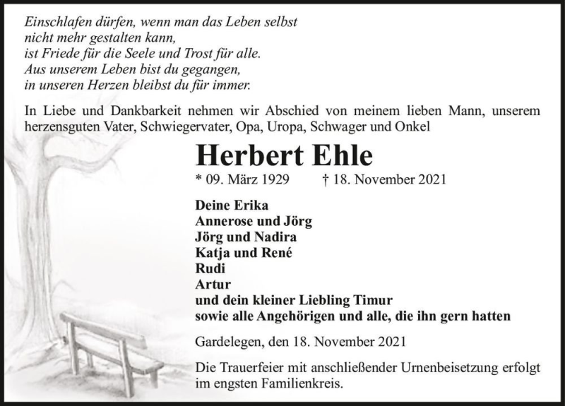  Traueranzeige für Herbert Ehle  vom 24.11.2021 aus Magdeburger Volksstimme
