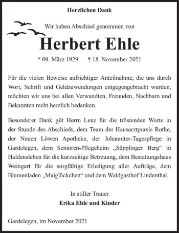 Traueranzeige von Herbert Ehle  von Magdeburger Volksstimme