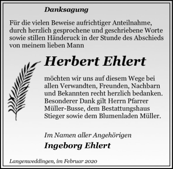 Traueranzeige von Herbert Ehlert  von Magdeburger Volksstimme