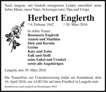Traueranzeige von Herbert Englerth  von Magdeburger Volksstimme