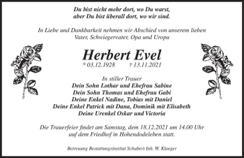 Traueranzeige von Herbert Evel  von Magdeburger Volksstimme
