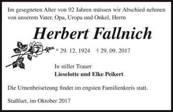 Traueranzeige von Herbert Fallnich  von Magdeburger Volksstimme