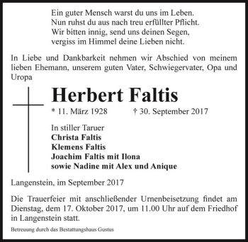 Traueranzeige von Herbert Faltis  von Magdeburger Volksstimme
