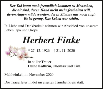 Traueranzeige von Herbert Finke  von Magdeburger Volksstimme