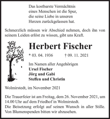 Traueranzeige von Herbert Fischer  von Magdeburger Volksstimme