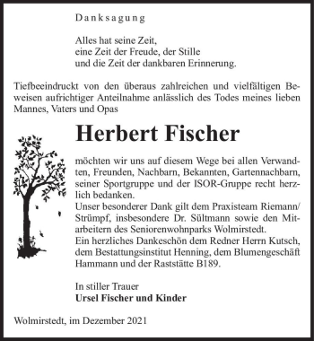 Traueranzeige von Herbert Fischer  von Magdeburger Volksstimme