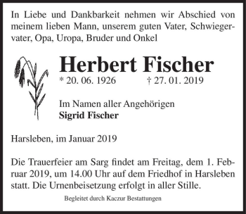 Traueranzeige von Herbert Fischer  von Magdeburger Volksstimme
