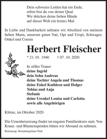 Traueranzeige von Herbert Fleischer  von Magdeburger Volksstimme