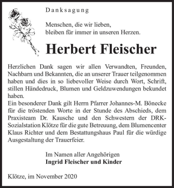 Traueranzeige von Herbert Fleischer  von Magdeburger Volksstimme