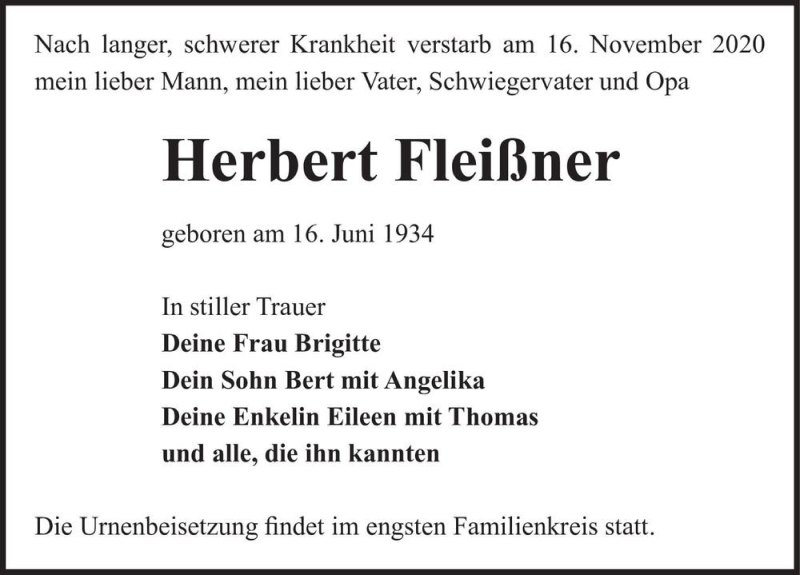 Traueranzeige für Herbert Fleißner  vom 21.11.2020 aus Magdeburger Volksstimme