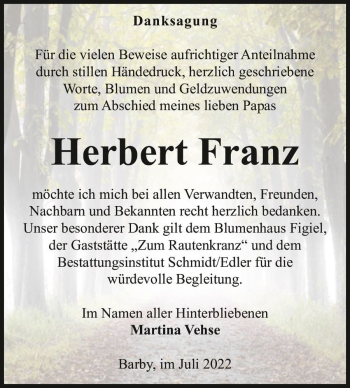 Traueranzeige von Herbert Franz  von Magdeburger Volksstimme