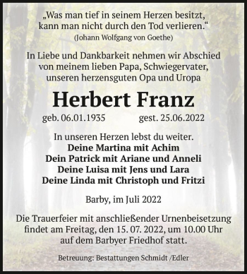 Traueranzeige von Herbert Franz  von Magdeburger Volksstimme
