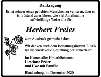 Traueranzeige von Herbert Freier  von Magdeburger Volksstimme