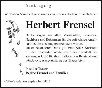 Traueranzeige von Herbert Frensel  von Magdeburger Volksstimme