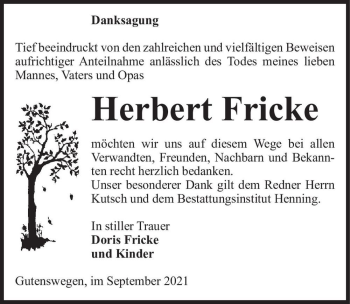Traueranzeige von Herbert Fricke  von Magdeburger Volksstimme