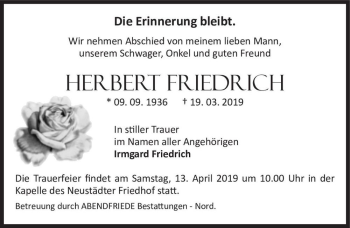 Traueranzeige von Herbert Friedrich  von Magdeburger Volksstimme