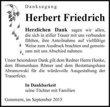 Traueranzeige von Herbert Friedrich  von Magdeburger Volksstimme