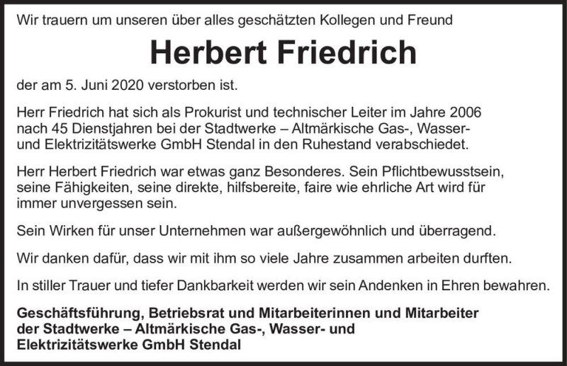  Traueranzeige für Herbert Friedrich  vom 17.06.2020 aus Magdeburger Volksstimme